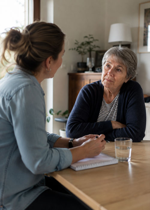 Entretien à domicile entre une professionnelle de santé et un aidant de sujet âgé