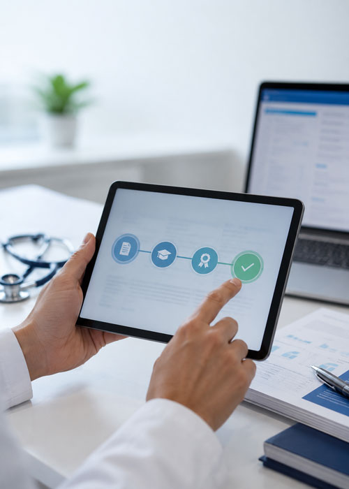 Médecin valide un parcours de certification sur tablette numérique.