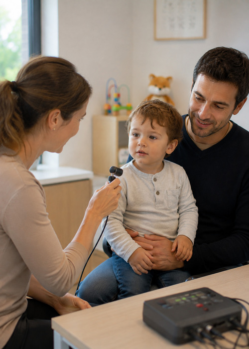 Jeune enfant réalisant un test auditif avec son médecin généraliste, accompagné de son père.