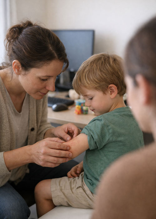 Médecin examinant une éruption cutanée chez un enfant, consultation pédiatrique