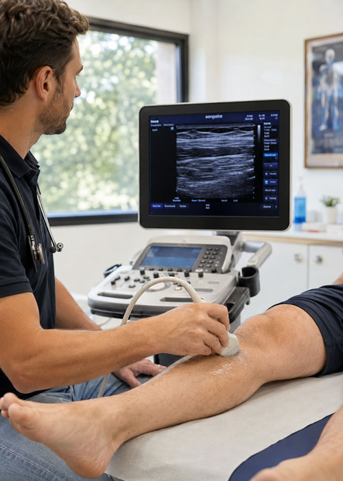 Médecin réalisant une échographie du mollet d’un patient allongé