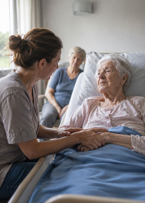 Médecin accompagnant une personne âgée en fin de vie en EHPAD
