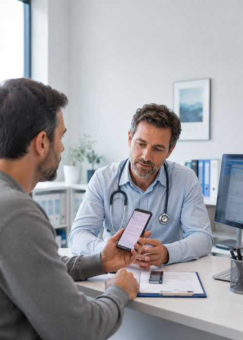 Patient présente une IA conversationnelle à son médecin en consultation.