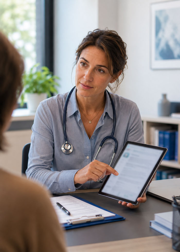 Médecin consulte une IA médicale tout en échangeant avec patiente.
