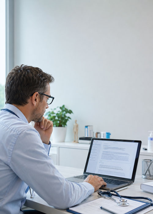 Médecin analysant une interface d’IA médicale lors d’une consultation.