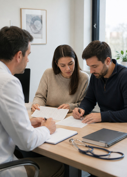 Couple échangeant avec son médecin généraliste lors d’une consultation pour bilan initial d’infertilité.