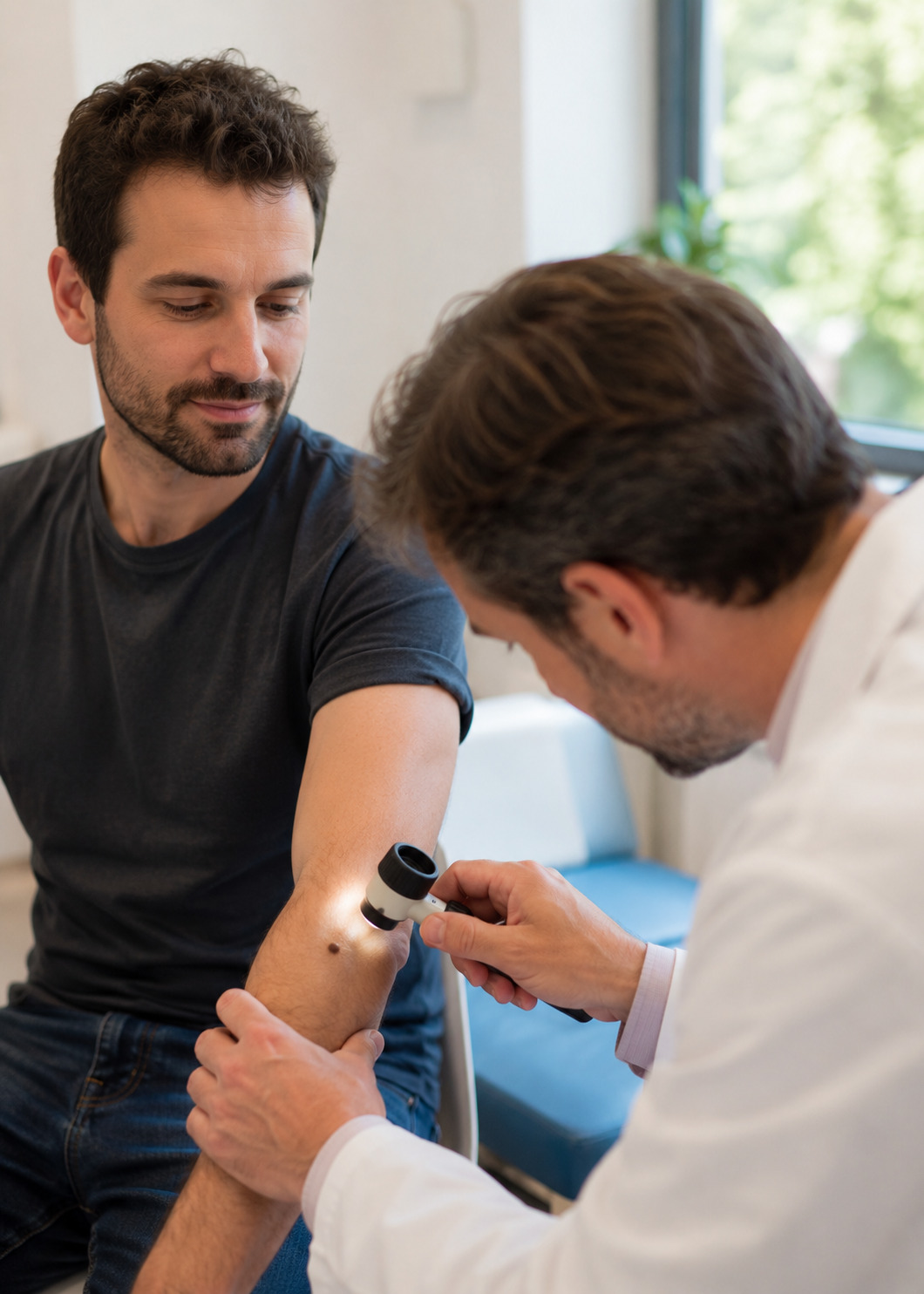 Patient présentant des lésions cutanées, examinées au dermatoscope par un médecin généraliste en consultation