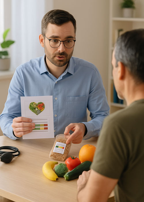 Médecin conseillant un patient sur ses choix alimentaires
