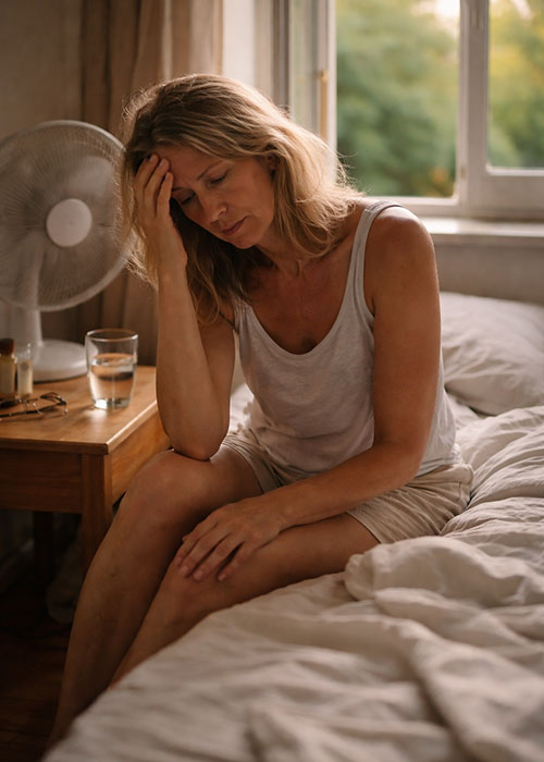 Femme sur lit défait, chaleur nocturne et troubles du sommeil liés à la ménopause