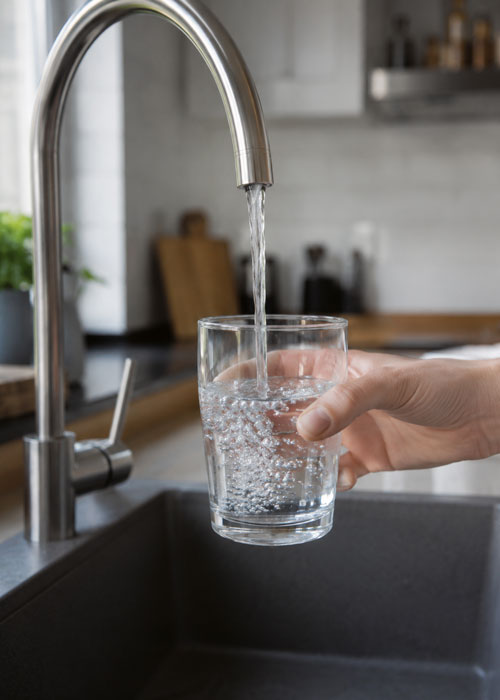 Verre d’eau claire au robinet, pollution PFAS invisible