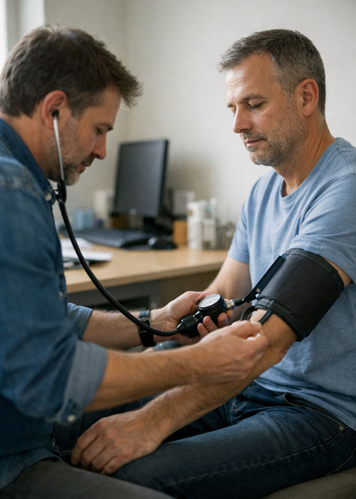 Médecin mesurant la tension d’un patient en consultation