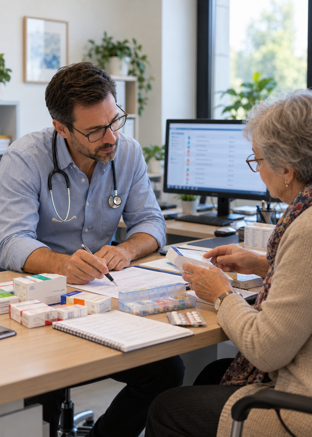 Médecin généraliste réalisant une revue de médication avec une patiente âgée pour prévenir la iatrogénie.