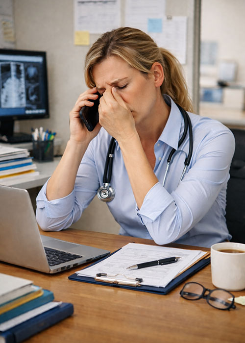Médecin au bureau répondant à des sollicitations téléphoniques et numériques