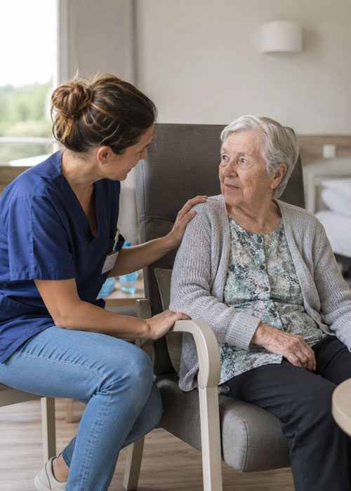 Médecin observant un trouble comportemental en EHPAD, échange rassurant avec une résidente âgée