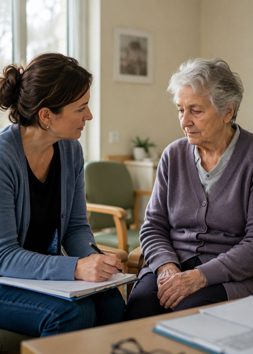 Consultation empathique entre professionnel de santé et personne âgée en évaluation anxiodépressive
