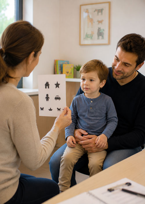 Enfant de 3 ans réalisant un dépistage visuel avec son médecin généraliste, accompagné de son père.