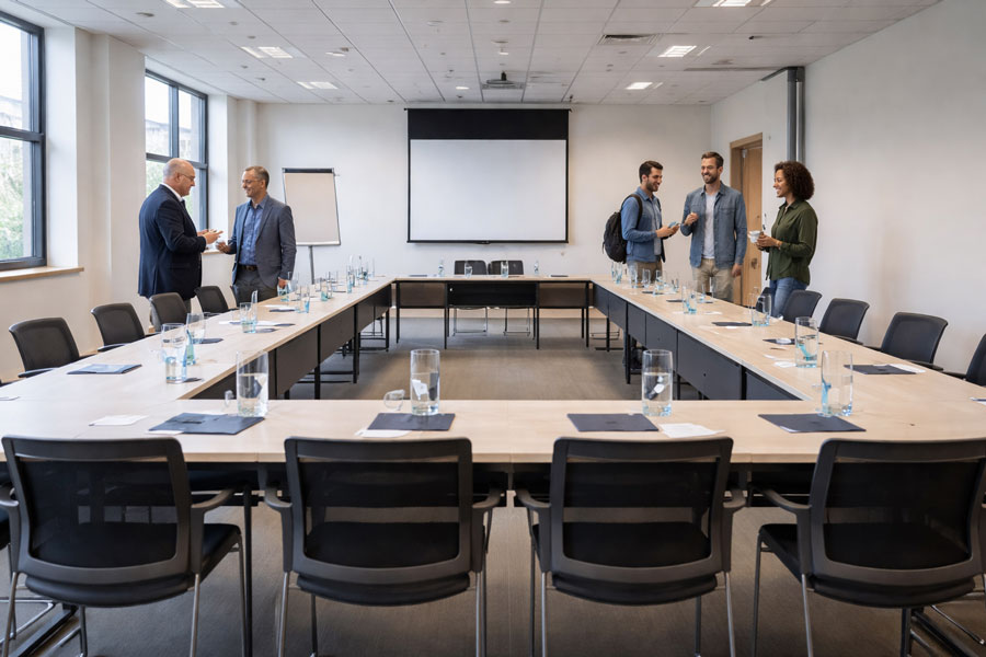 Formation médicale continue avec professionnels de santé en salle de conférence