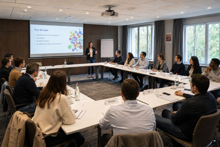 Formation médicale continue avec professionnels de santé en salle de conférence