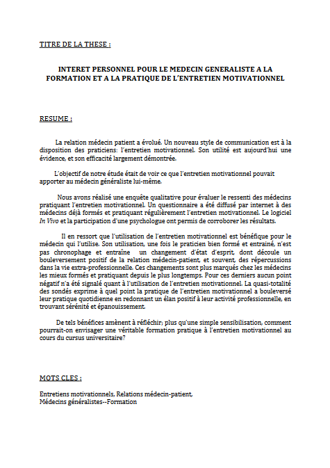 Thèse Intérêt personnel pour le médecin généraliste à la  formation et à la pratique de l'entretien motivationnel par Charlotte ALAM SOLTY